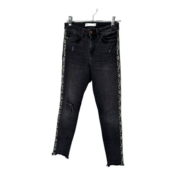 Zara 1975 denim black ripped jeans faux snakeskin side accents size 2 - Picture 3 of 10